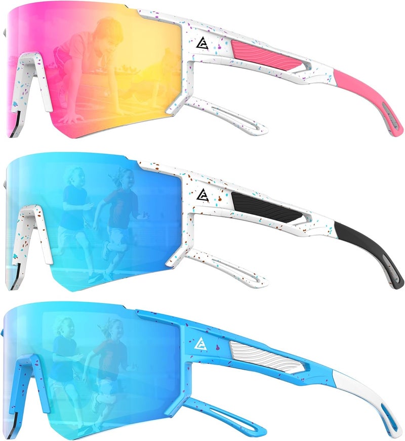 QALLY Store 3PACK Kids Sunglasses Youth Baseball Sunglasses for Boys Girls Age 4-14, Softball Cycling UV400 Protection Sports - Image 1